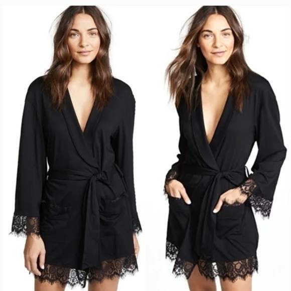 Free People Sweetest Thing Black Lace Trim Bell Sleeve Cover Up Robe L #19 - Picture 1 of 9